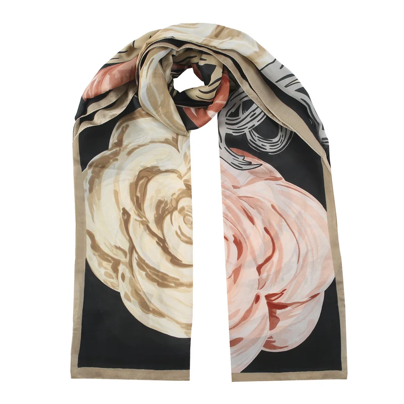 Vrouwen Abstracte Bloemen Zijdeachtige Lichtgewicht Sjaal met Rand