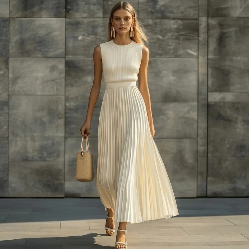 Crèmekleurige plissé maxi-jurk voor dames