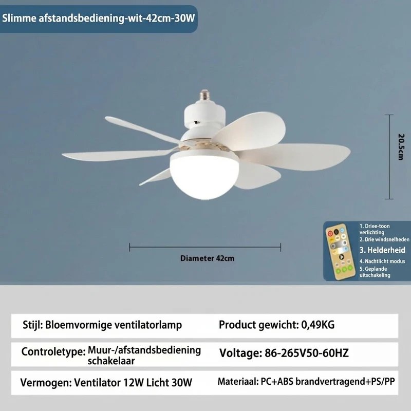 E27 LED-plafondventilator met lamp en afstandsbediening