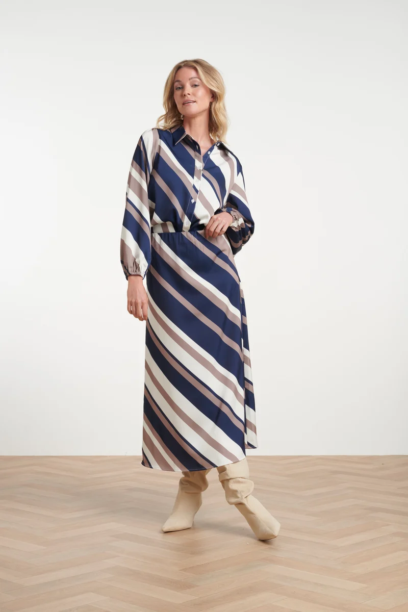 Midi Rok Met Dynamische Strepenprint | Navy - Taupe