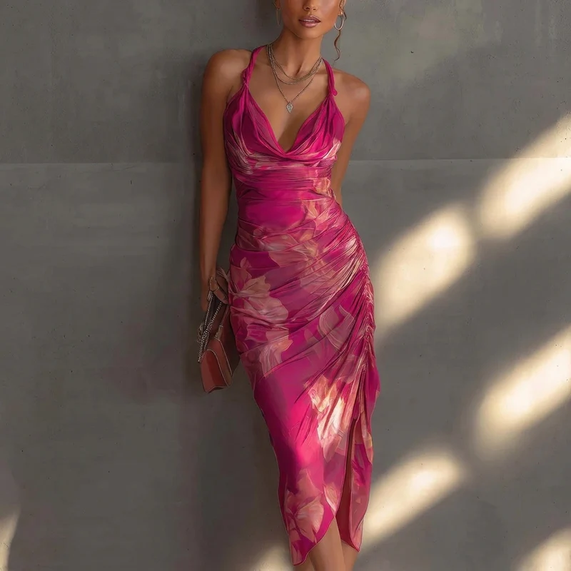 Geplooide midi-jurk met bloemenprint en watervalhals