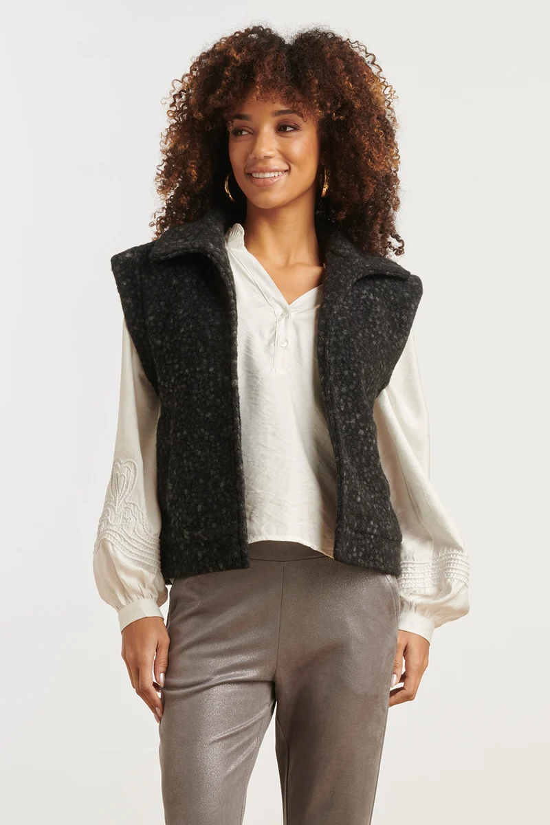 25551 Damesbouclé Gilet Met Kraag | Black