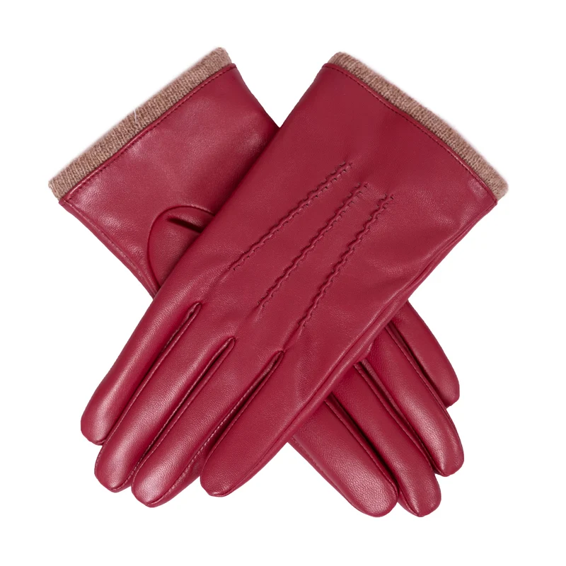 Dames leren handschoenen met driekwart voering van wolmix en gebreide manchetten