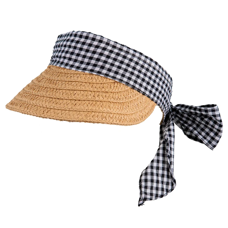 Dameszonneklep van stro met gingham-lintband en stropdas