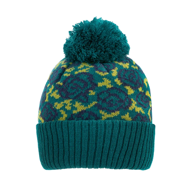 Dames Jacquard Gebreide Bobble Muts met Rozenpatroon en Garen Pompon