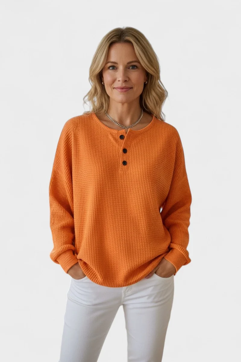 Wafelgebreide comfortabele trui met knoopdetail – dames