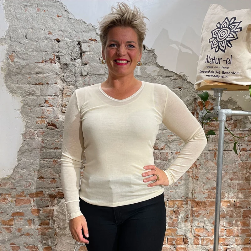LIVING CRAFTS wol zijde longsleeve V-HALS dames NATUREL