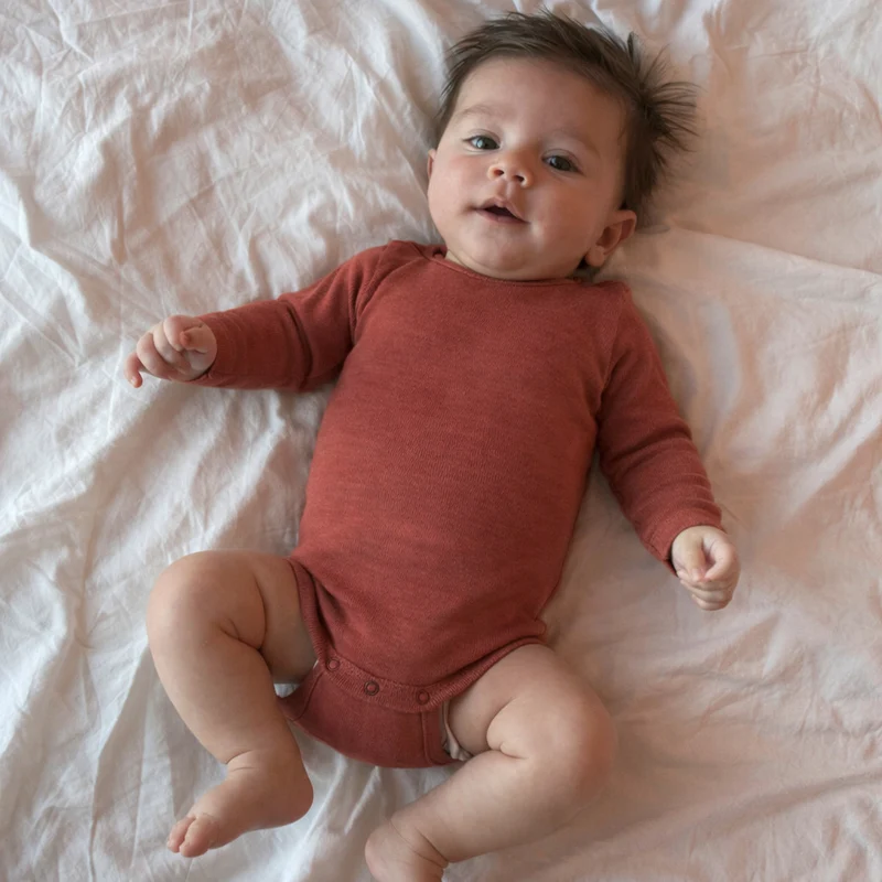 ENGEL baby romper wol zijde met LANGE MOUW effen KOPER