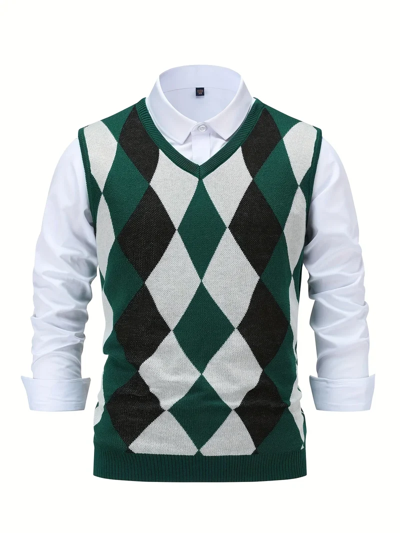 Heren pullover | Gebreide v-hals trui zonder mouwen met ruitpatroon