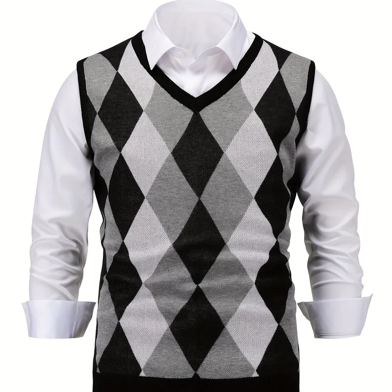 Heren pullover | Gebreide v-hals trui zonder mouwen met ruitpatroon
