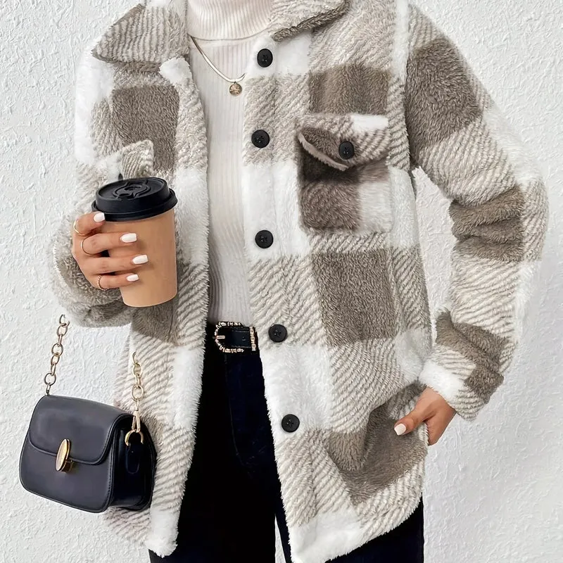 Dames geruite teddy jas | Warme tussenjas met knoopsluiting en borstzakken