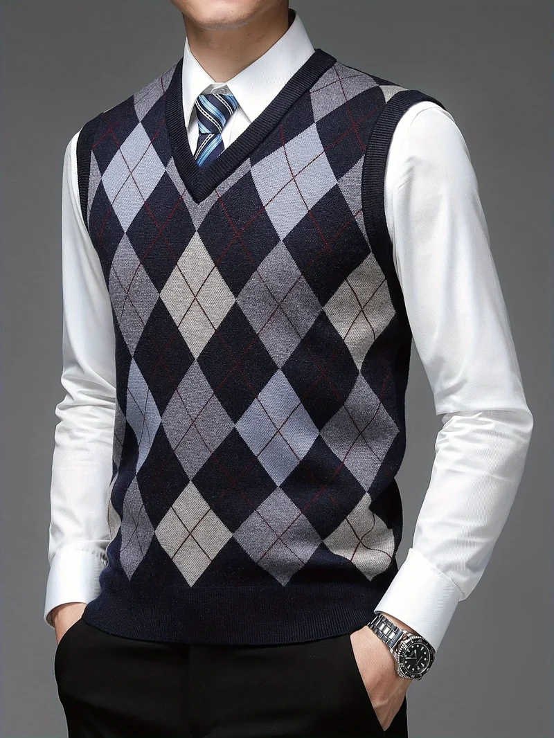 Heren pullover | Argyle gebreide trui zonder mouwen v-hals
