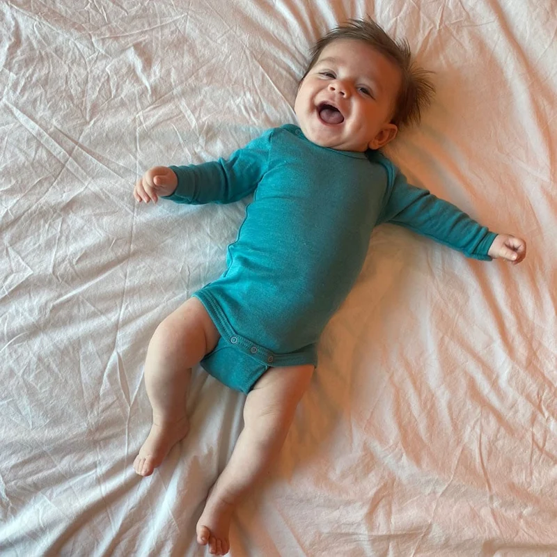 ENGEL baby romper wol zijde met LANGE MOUW effen IJSVOGEL