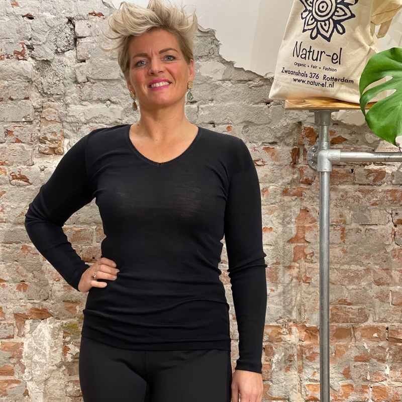 Living Crafts wol zijde longsleeve V-HALS dames ZWART