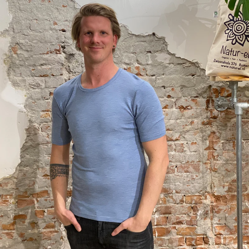 HOCOSA shirt korte mouw wol zijde heren JEANS MELANGE
