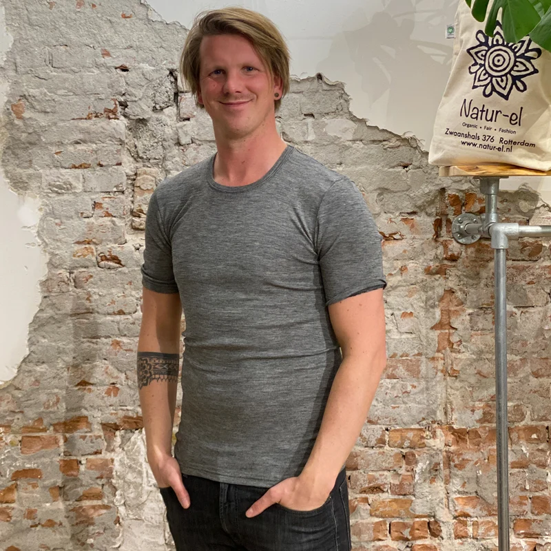 HOCOSA shirt korte mouw wol zijde heren GRIJS MELANGE