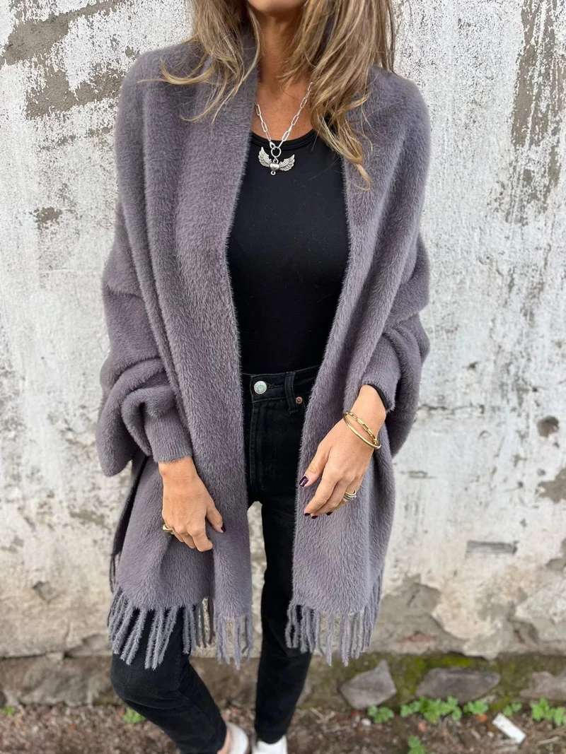 Nora | Dames wintervest met franjes en lange mouwen