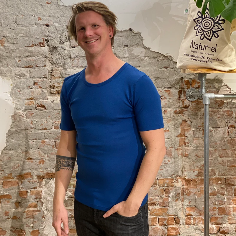 HOCOSA shirt korte mouw wol zijde heren BLAUW