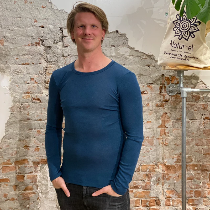 LIVING CRAFTS wol zijde longsleeve heren lange mouw PETROL