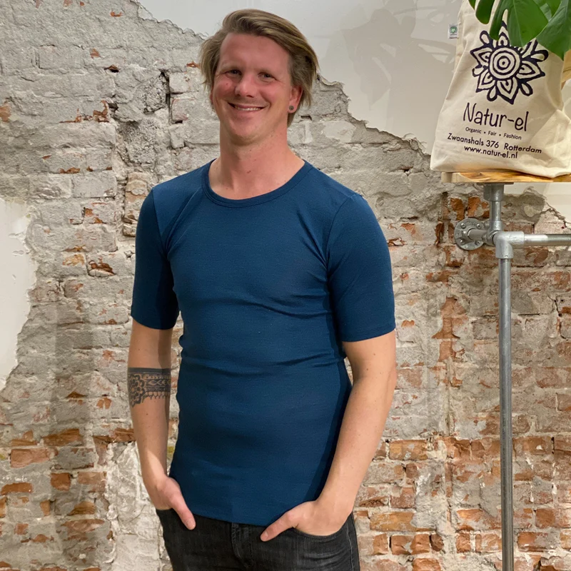 LIVING CRAFTS wol zijde shirt heren korte mouw PETROL