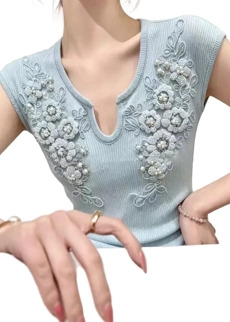 Dames Top V-hals Met Bloemenspijkerkralen Stylish Casual Blouse