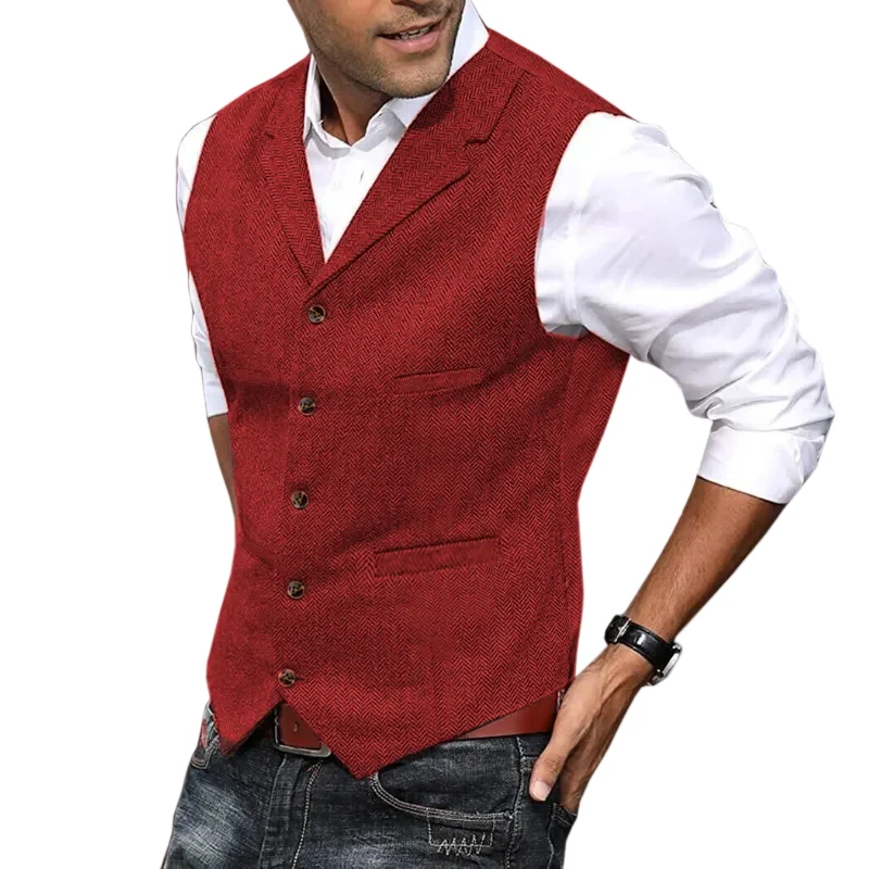 Heren Vest Korte Mouwen Herringbone Stijl Moderne Pasvorm