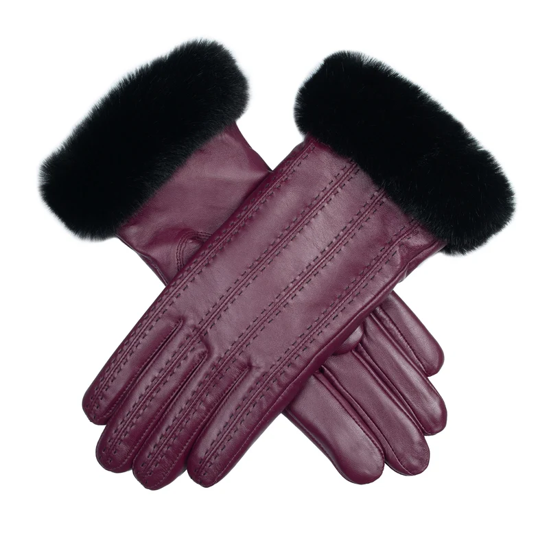 Dames Leren Handschoenen met Neppels Bontvoering, Stiksel Detail en Neppels Bontmanchetten