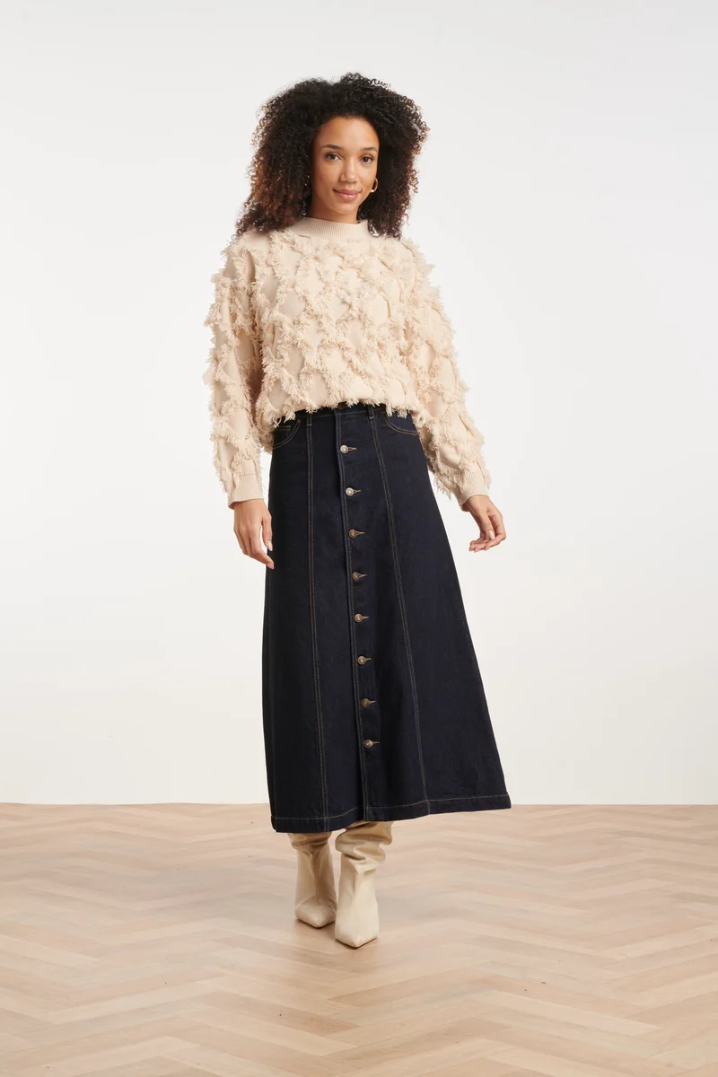 Donker Indigo Denim Midi Rok Met Knoopsluiting | Dark Blue Denim