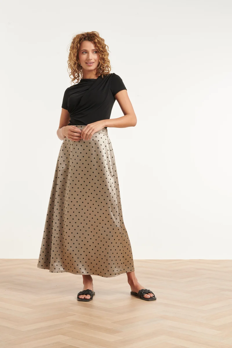 Midi Rok In Champagne Met Zwarte Stippenprint | Silver - Black