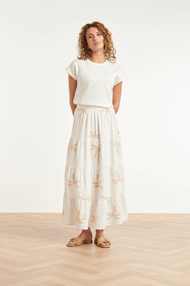 Crème Rok Met Goudkleurige Palmprint En Volants | Off White - Sand