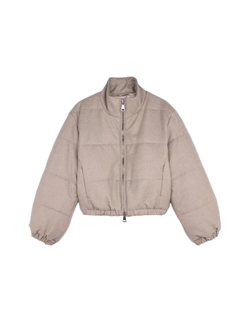 Natural Color Cropped High-Neck Cashmere Jacket
