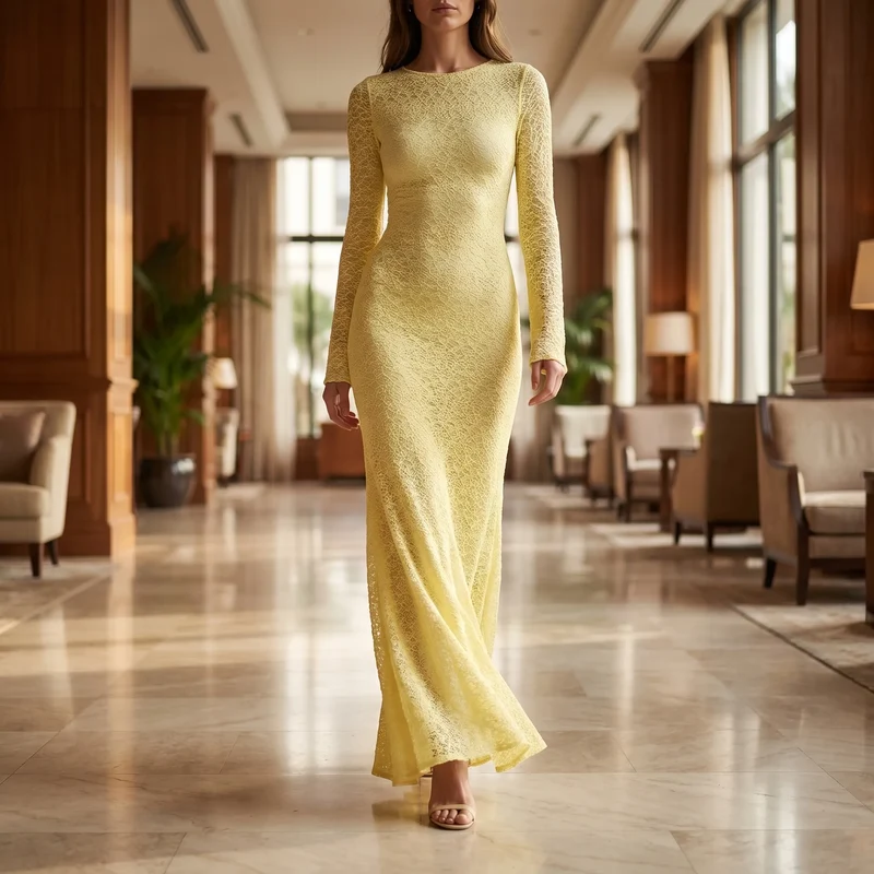 Gele maxi-jurk met lange mouwen
