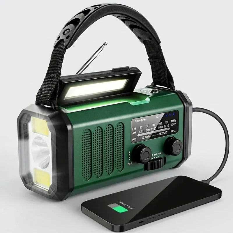 10000 mAh Noodradio met Zonne-energie, Handdynamo, AM/FM & SOS-alarm