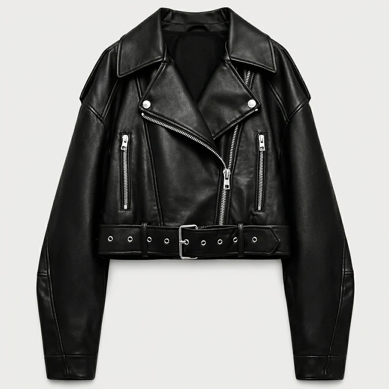 Cropped leren damesjas met riem