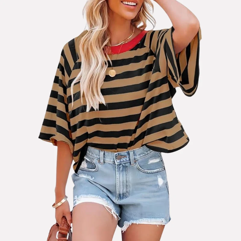 Gestreepte colourblock-top met ronde hals voor dames