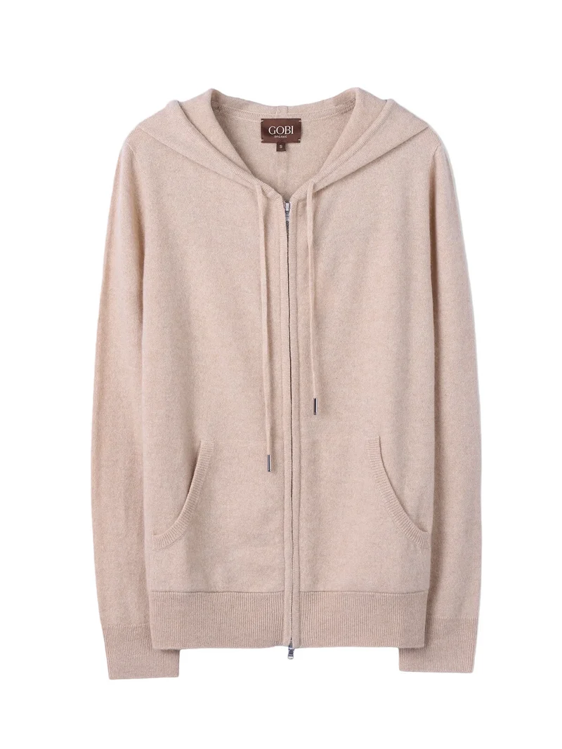 Natural Color Woman Zipper Hoodie with Smiley Pocket