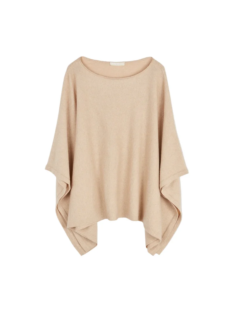 Natural Color Boat-Neck Cashmere Poncho