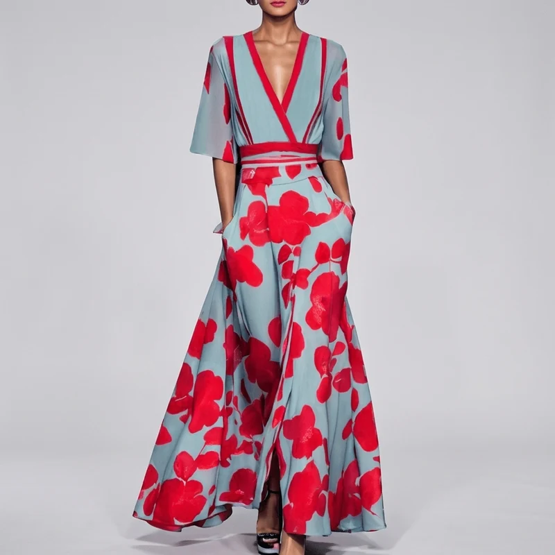 Lange jurk met bloemenprint en V-hals voor dames