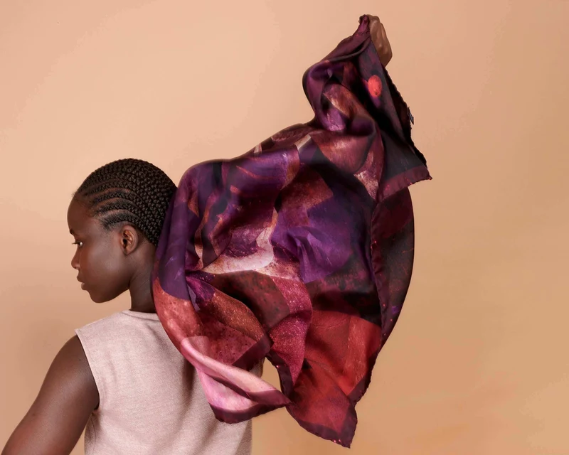 Silk Twill Scarf Elephant Burgundy Red and Plum