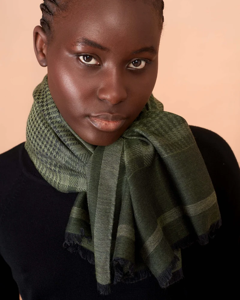 Jacquard Cashmere & Silk Scarf in Olive