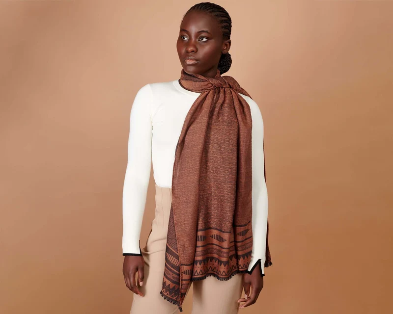 Jacquard Silk Wool Scarf in burnt orange