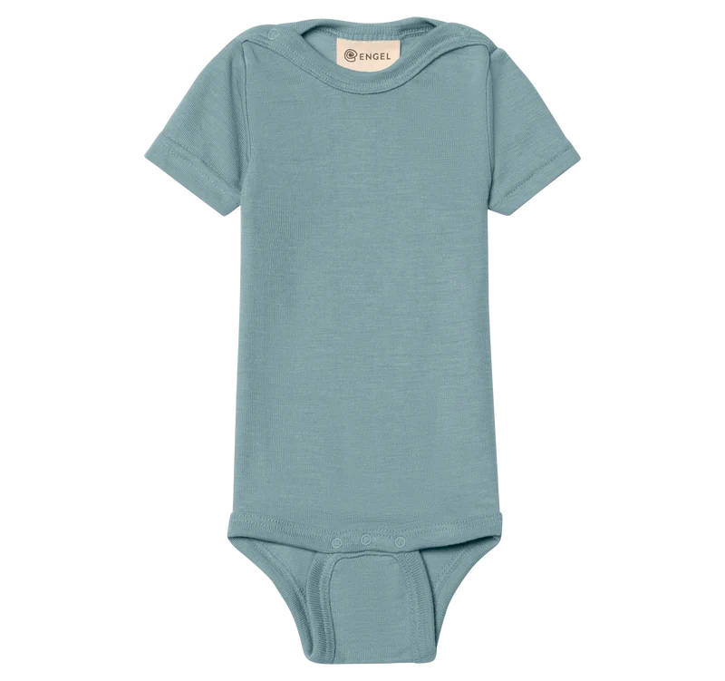 Engel Natur - Wol/Zijde Baby Romper Korte Mouw met Drukknopen - Bergblauw
