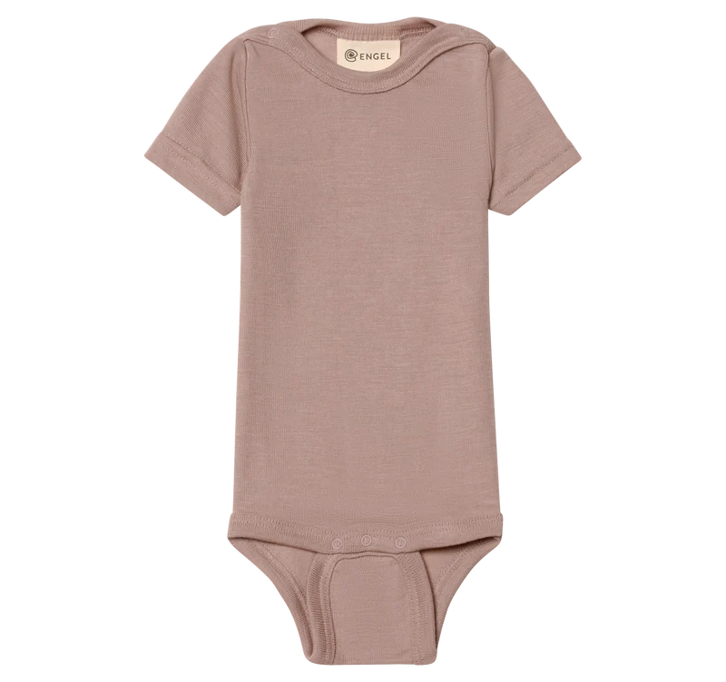 Engel Natur - Wol/Zijde Baby Romper Korte Mouw met Drukknopen - Oudroze