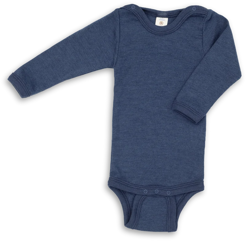 Engel Natur - Wol/Zijde Baby Romper Lange Mouw met Drukknopen - Marine