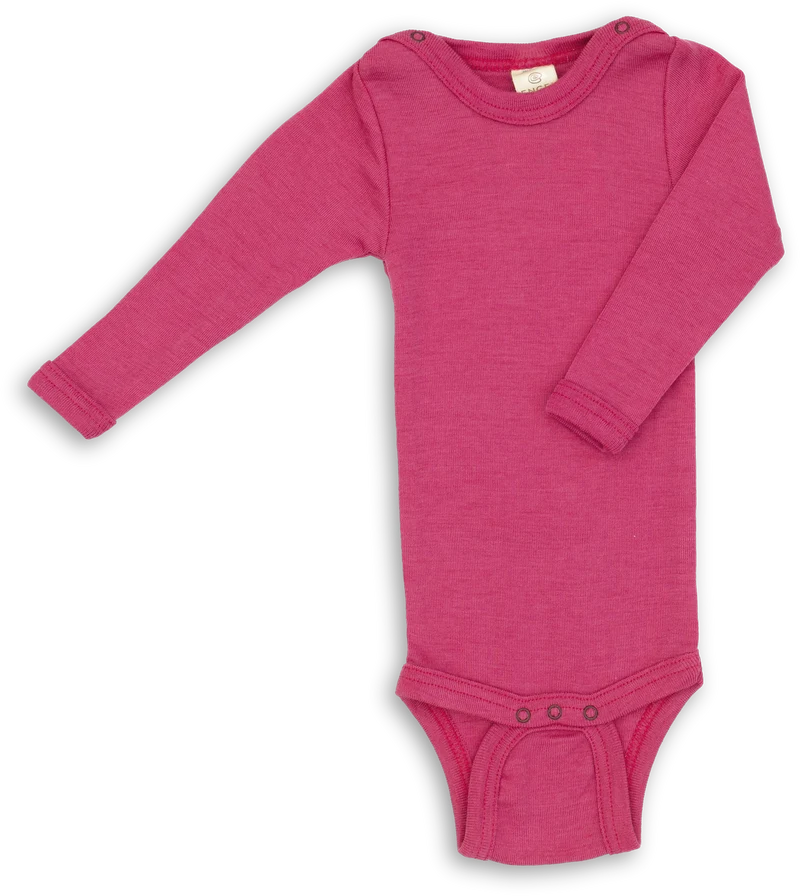 Engel Natur - Wol/Zijde Baby Romper Lange Mouw met Drukknopen - Framboos