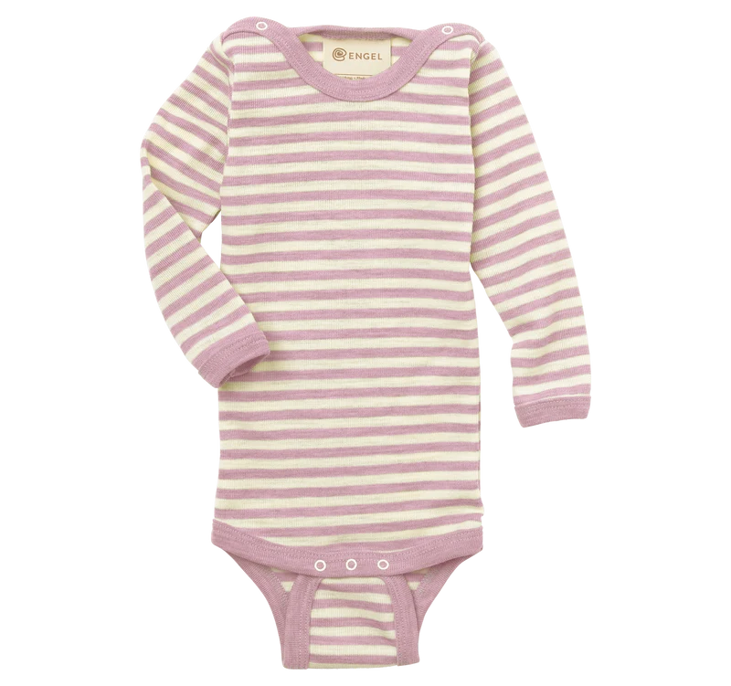 Engel Natur - Wol Baby Romper Lange Mouw met Drukknopen op de Schouders - Rosewood Mélange/Naturel