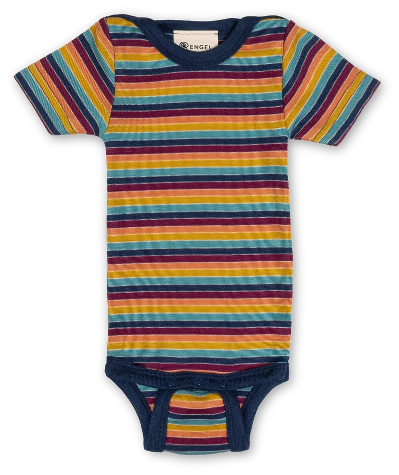 Engel Natur - Wol/Zijde Baby Romper Korte Mouw met Drukknopen - Multicolour