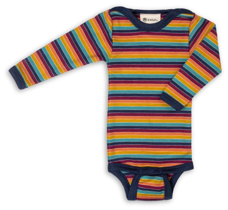 Engel Natur - Wol/Zijde Baby Romper Lange Mouw met Drukknopen - Multicolour
