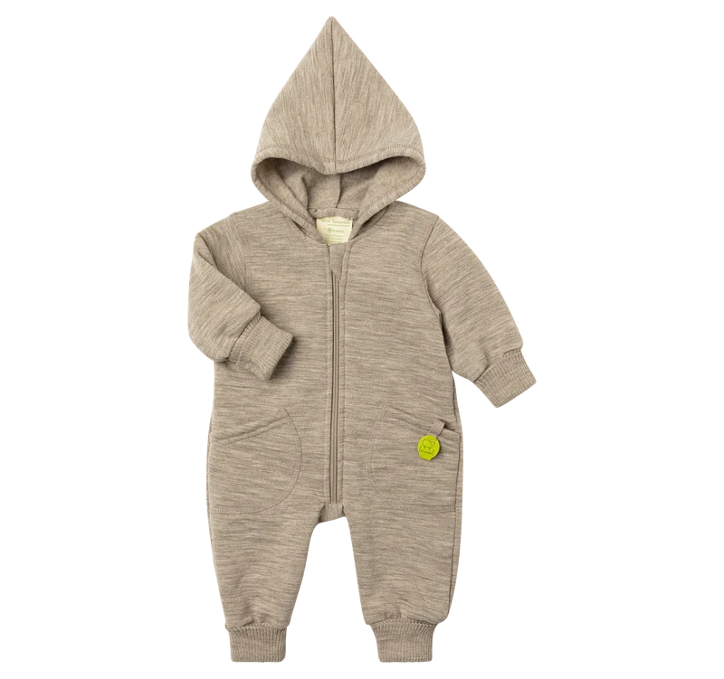 Engel Natur - Wol Baby Capuchon-overall met Rits - Berk Mélange