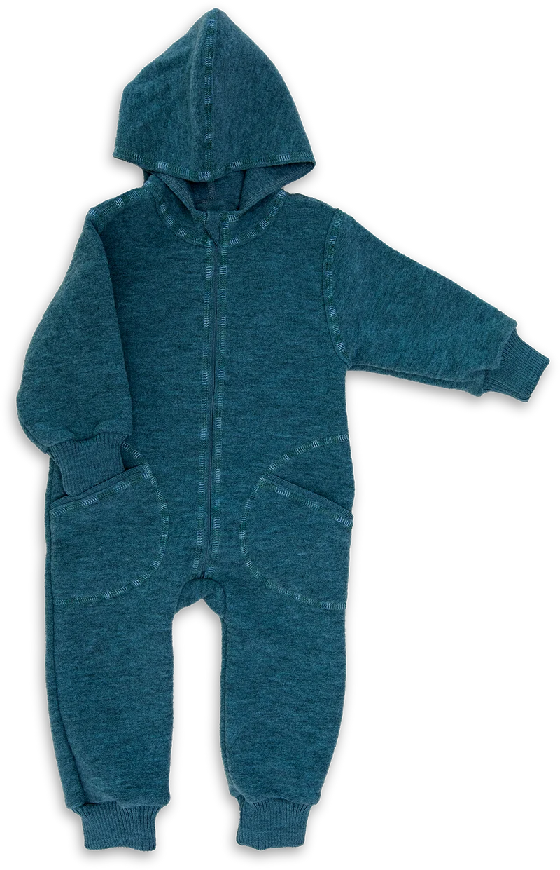 Engel Natur - Wol Baby Capuchon-overall met Rits - Pacifisch Blauw Mélange